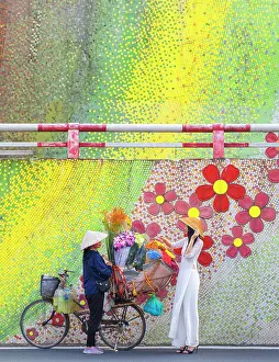 Clothing Prints: Flower seller with her bicycle by the famous ceramic flower mural
