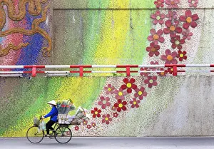 Vietnamese Prints: Flower seller on bicycle riding past the famous ceramic flower mosaic mural