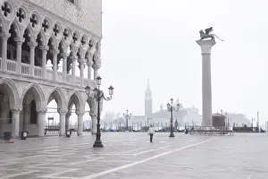 Ancient Building Prints: Foggy morning in Piazza San Marco with the San Giorgio Church appearing in the background