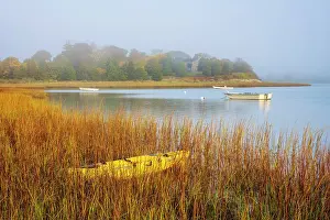 Cape Cod Prints: Foggy morning with yellow kayak at a Cape Cod marsh in autumn, Massachusetts, USA