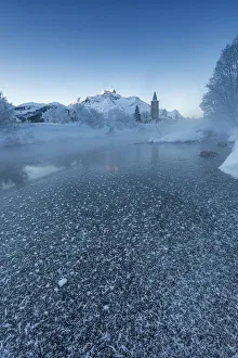 Inn River Prints: Foggy sunrise in winter. Sils Maria, Sils im Engadin, Graubunden, Switzerland