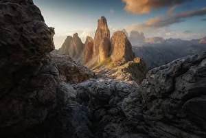 Malga Prints: The Fonda Savio hut nestled between the Cadini di Misurina. Dolomites, Italy