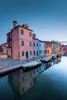 Venezia Prints: Fondamenta Cavanella with its boats and its colorful buildings before the dawn