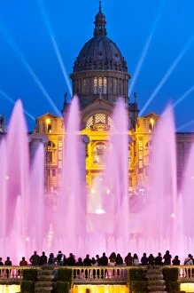 Tourist Collection: Font Magica or Magic Fountain with Palau Nacional in the background, Barcelona, Catalonia