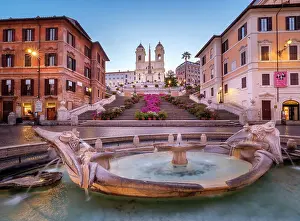 Fountain Prints: Fontana Barcaccia, Spanish Steps and Triniti dei Monti with blooming Flowers in Spring