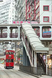 Images Dated 25th February 2020: Footbridge and tram, North Point, Hong Kong Island, Hong Kong