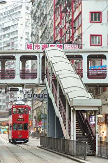 Images Dated 25th February 2020: Footbridge and tram, North Point, Hong Kong Island, Hong Kong