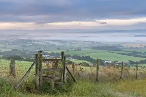 July Prints: Footpath and stile through farmland with mist covered countryside beyond, Devon, England