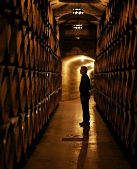 Viniculture Prints: The foreman of works inspects barrels of Rioja wine