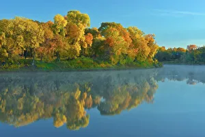 Red River Prints: Forest in autumn colors reflected in the Red River at sunrise
