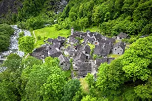 Vallemaggia Prints: Foroglio waterfall and town. Foroglio