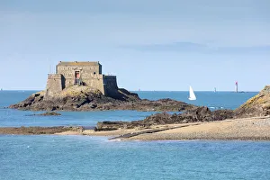 Ille Et Vilaine Prints: The fort du petit be and sailing boat, St. Malo, Ille et Vilaine, Brittany, France