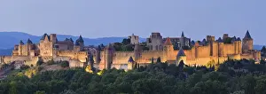 Walled City Prints: Fortified town of La Cite Carcassonne at illuminated at dusk, Languedoc-Roussillon