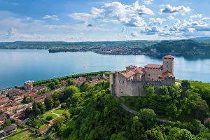 Varese District Prints: fortress called Rocca di Angera. Angera, Lake Maggiore, Varese district, Lombardy, Italy
