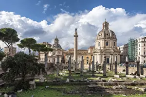 Foro Romano Prints: Forum Romanum and in backgrond column of Traiano and the churches of Santa Maria of