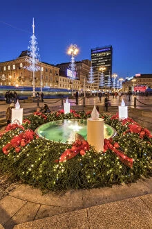 Fountain adorned with Christmas decorations in Ban Jelacic Square, Zagreb, Croatia