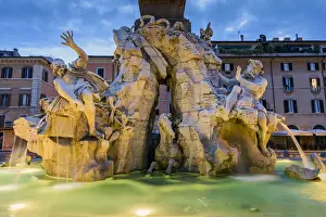 Baroque Style Prints: Fountain of the four Rivers, Piazza Navona, Rome, Lazio, Italy