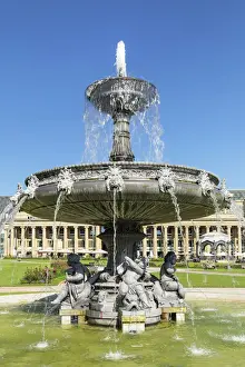 Stuttgart Prints: Fountain at Schlossplatz Square with a view on Konigsbau building