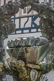 Barrels Prints: Fountain with wine ship in Eltville, Hesse, Germany
