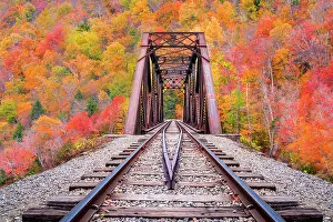 Industrial Prints: Fourth Iron Trestle framed by Fall Foliage North Conway, New Hampshire, New England, USA