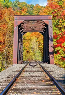 Industrial Prints: Fourth Iron Trestle framed by Fall Foliage North Conway, New Hampshire, New England, USA