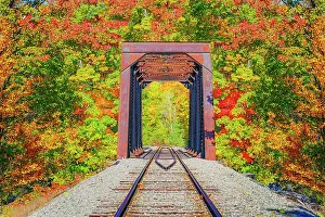Industrial Prints: Fourth Iron Trestle framed by Fall Foliage North Conway, New Hampshire, New England, USA