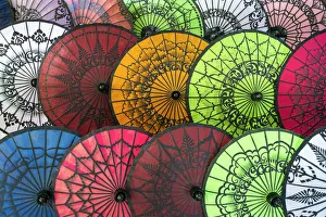 Retail Prints: Full frame shot of traditional Burmese colorful umbrellas, Lake Inle, Nyaungshwe Township