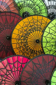 Full frame shot of traditional Burmese colorful umbrellas, Lake Inle, Nyaungshwe Township