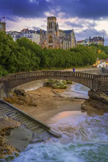 Biscay Prints: France, Aquitaine, Pyrenees Atlantiques, Biarritz, Saint Eugenia church at old port, dusk