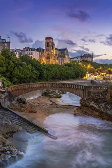 Motion Prints: France, Aquitaine, Pyrenees Atlantiques, Biarritz, Saint Eugenia church at old port, dusk