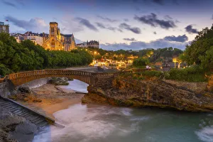 Biscay Prints: France, Aquitaine, Pyrenees Atlantiques, Biarritz, Saint Eugenia church at old port, dusk