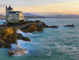 France, Biarritz, Pyrenees-Atlantique, seascape, house on rocks