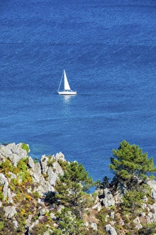 High Angle Prints: France, Brittany (Bretagne), Finistere department, Crozon. Sailboat near L ile Vierge