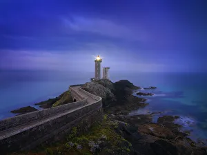 France, Brittany, Finistere, Iroise Sea, Plouzane, Petit Minou Lighthouse at dusk