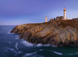 France, Brittany, Finistere, Pointe St. Mathieu, Saint Mathieu lighthouse at dusk