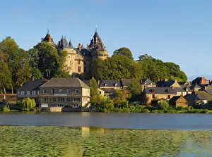 France, Brittany, Ille et Vilaine, Combourg, Chateau de Cambourg with lake infront