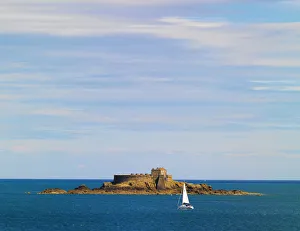 Saint Malo Prints: France, Brittany, Ille et Vilaine, St. Malo, Petite Be island and yacht