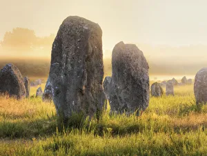 National Landmark Gallery: France, Brittany, Morbihan, Carnac, megalithic menhir alignments of Menec in fog