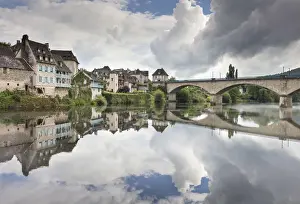Limousin Prints: France, Correze, Argentat, The old town and bridge reflected in the Dordogne river