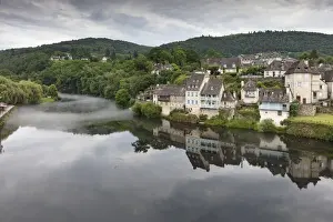 Limousin Prints: France, Correze, Argentat, The old town reflected in the Dordogne river with some