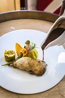 Guadeloupe Prints: France, Guadalupe, Bouillante, A plate based on chicken in the Z'Epices restaurant