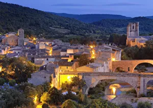 France, Languedoc, Lagrasse, Overview of town at night