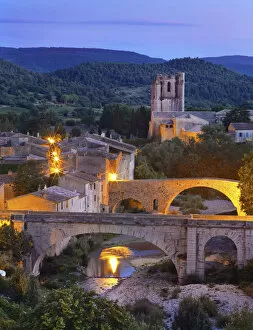 Images Dated 30th September 2013: France, Languedoc, Lagrasse, Overview of town at night