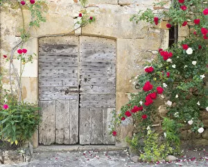 Images Dated 27th June 2017: France, Lot, Carennac, An old wooden barn door surrounded by roses in the heart of