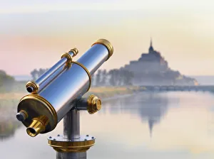 France, Normandy, Le Mont Saint Michel, shrouded in fog at dawn, reflected in river