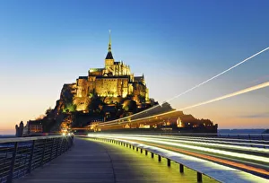 France, Normandy, Le Mont Saint Michel, traffic trail light at night