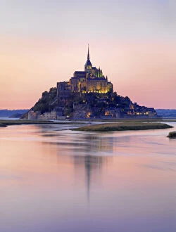 Cathedrals Gallery: France, Normandy, Le Mont Saint Michel reflected in river at night