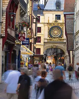 France, Normandy, Rouen, Le Gros Horloge and pedestrian road