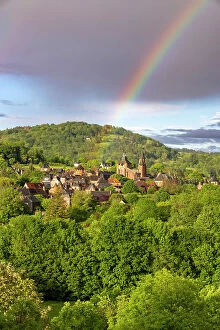 Images Dated 5th June 2023: France, Nouvelle-Aquitaine, Correze Collonges-la-Rouge with a rainbow