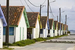 Images Dated 17th May 2022: France, Nouvelle-Aquitane, Gironde, Ares, colourful oyster huts at the port Ostreicole